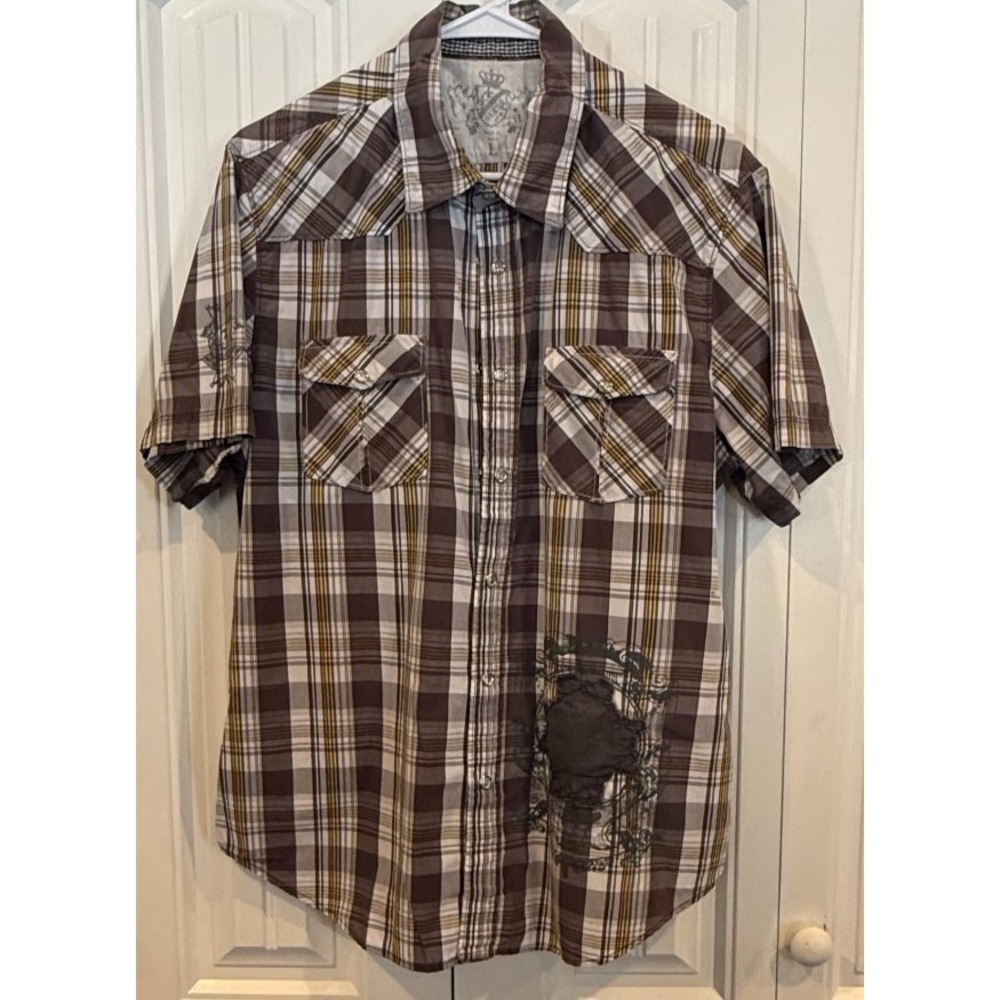 Sean John Men's L Plaid Button Up Shirt Y2K Brown Yellow Short Sleeve Cotton